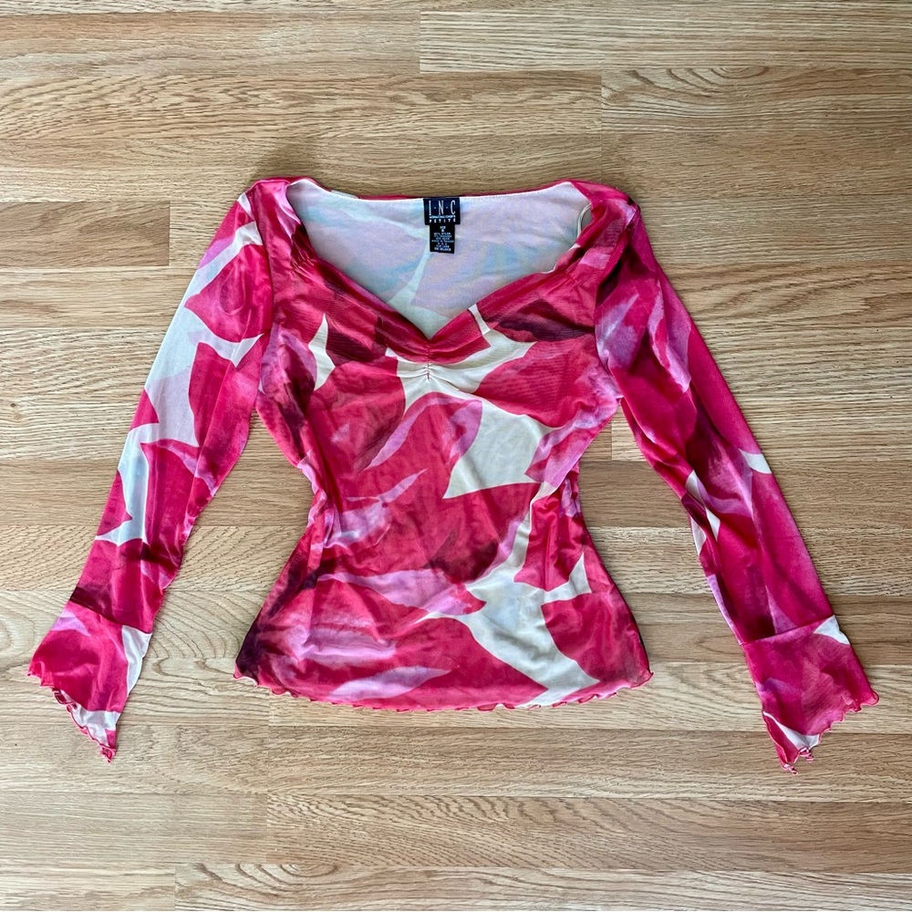 INC International Concepts Pink and White Fitted Long Sleeve Blouse